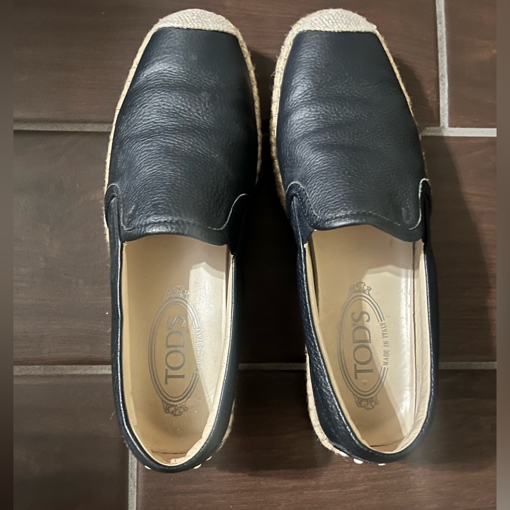 Tod's Navy Leather Espadrille Flats with Natural Rope Trim